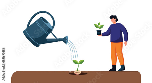 Illustration of person using large watering can to hydrate small sprout in soil while holding another potted plant for gardening concept.