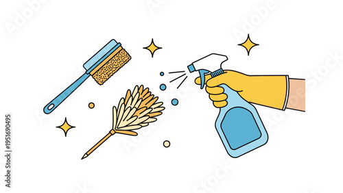 Collection of cleaning supplies including a scrub brush a feather duster and a hand using a blue spray bottle.