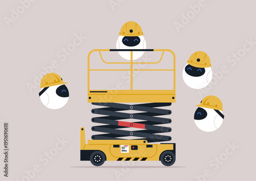 Four friendly robotic lifters operate harmoniously to elevate goods within a bustling warehouse, demonstrating innovation and teamwork in action.