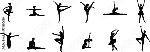 Ballet dancer silhouette collection, graceful ballerina poses set, classical dance movement figures isolated, cad drawing flat vector illustration