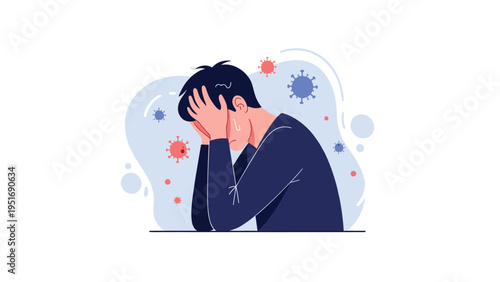 Stressed man in a dark shirt holding his head in distress while surrounded by floating virus particles and medical symbols.
