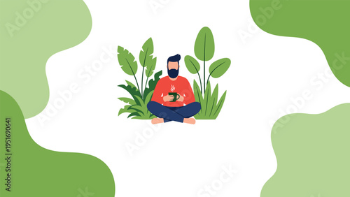 Young man sitting in a meditation pose drinking coffee among large tropical plants in a tranquil green setting.
