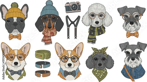 Stylish hipster dogs wearing glasses hats scarves and bow ties fashionable pet characters vector illustration set