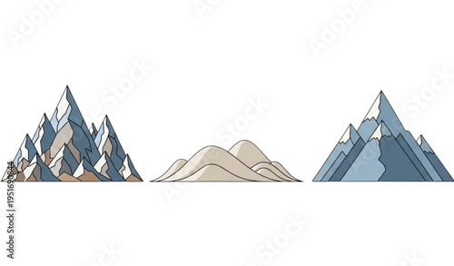 A minimalist vector graphic illustration of three mountain silhouettes in different shades