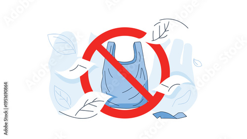 Red prohibition sign over plastic bag with flying leaves representing movement to stop plastic pollution.