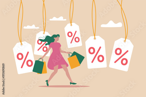 A woman in a pink dress walking happily while carrying several colorful shopping bags at a sale