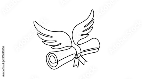 Diploma with Wings Continuous Single Line Minimalist Dreams Take Flight Line Art Illustration