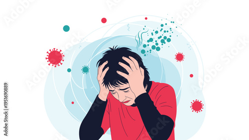 Person in a red shirt feeling overwhelmed and stressed with hands on head while surrounded by floating coronavirus icons.