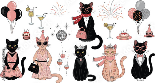 Stylish party cats dressed in elegant outfits with cocktails balloons and disco elements vector illustration set