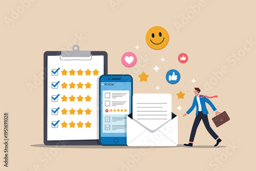 A business professional walking past a checklist and a smartphone displaying customer feedback icons