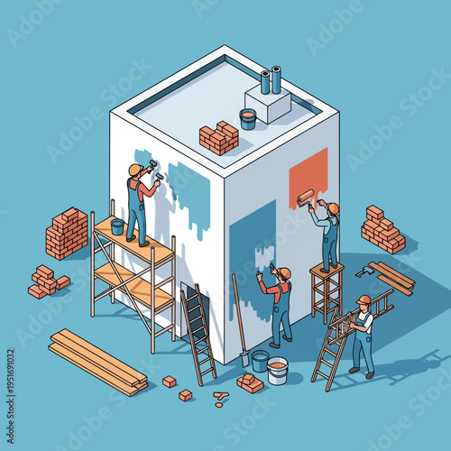 Isometric illustration of construction workers painting a building, showcasing teamwork and renovation.