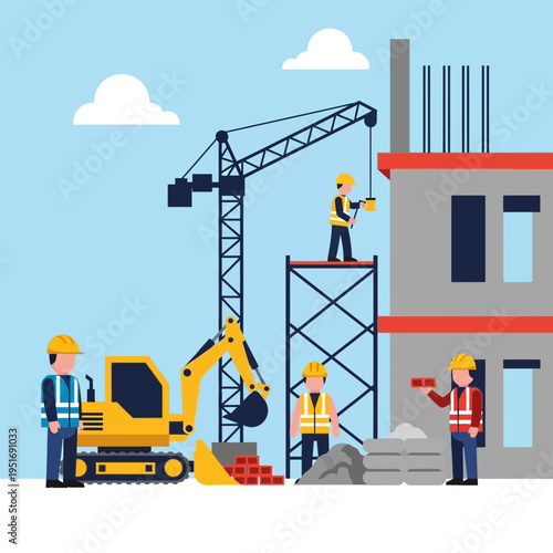 Construction site with workers, crane, excavator, and building under construction, with blue sky.