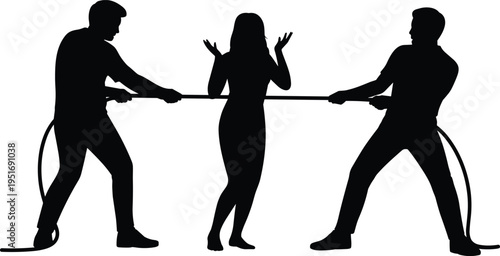 Business Conflict Concept With Two Men Pulling Rope And Woman In Middle Tug Of War