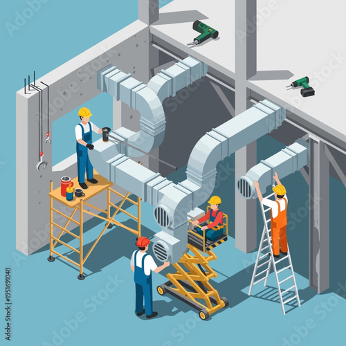 Isometric view of construction workers installing ventilation ducts in a building.