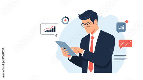 Professional businessman in a suit using a digital tablet to analyze various growth charts and data symbols in the background.