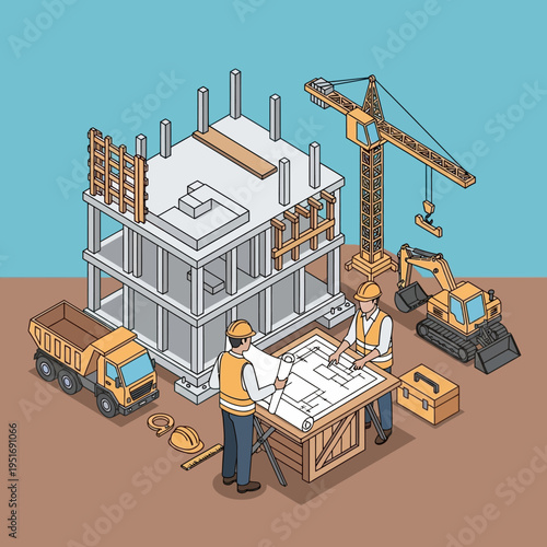 Isometric illustration of a construction site with workers, machinery, and a building under construction.