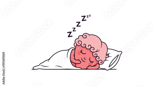Cute pink heart character sleeping peacefully in bed with pillow and white blanket for sweet dreams.