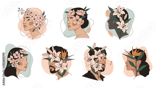 Collection of diverse human profiles adorned with beautiful flowers and leaves in a romantic and artistic style.