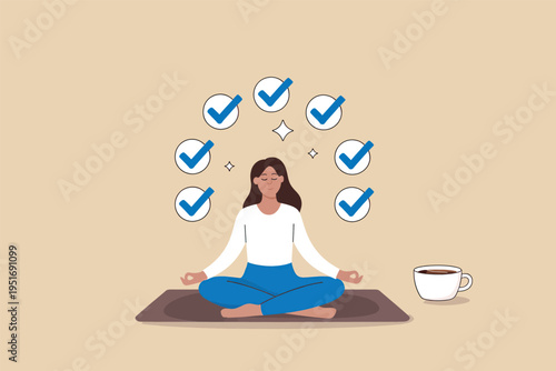 A woman meditating on a yoga mat surrounded by completed check marks indicating a productive day