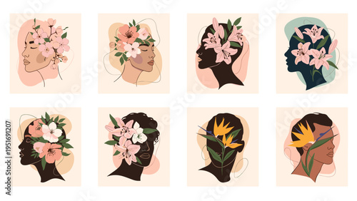 Collection of eight artistic portraits showing diverse women with beautiful flowers integrated into their hair and faces.