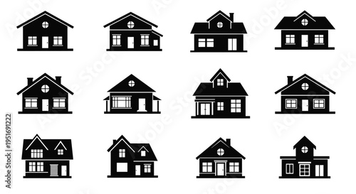 Collection of various house silhouettes in black color featuring different architectural styles for real estate and construction logos.