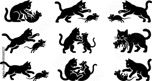 Cat and Mouse Fight Silhouette Icons Set Chasing and Catching Pests