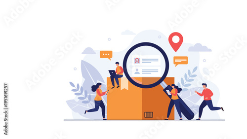 Group of people with magnifying glass searching and checking information on large cardboard shipping box.