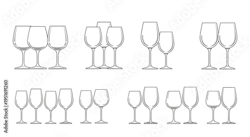 Set of wine glass silhouettes in various pairs and groups shown from different angles in black line art style for bar menus.