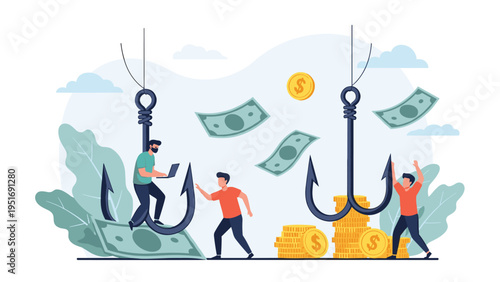 People trying to reach for money being dangled on large fish hooks as a metaphor for financial phishing or online scams.