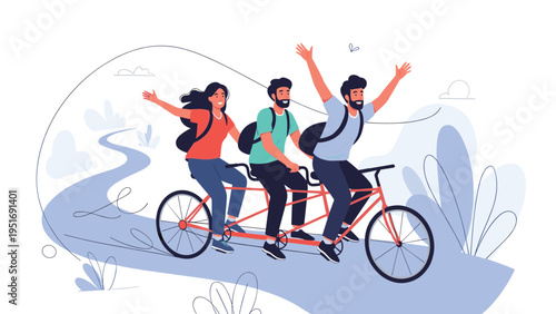 Happy group of friends riding tandem bicycle along winding path in park representing teamwork and fun.
