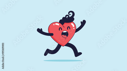 Energetic red heart character with a smiling face and black limbs running excitedly on a light blue background.
