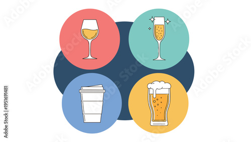 Set of various drink icons including white wine champagne takeaway coffee and a glass of beer on a dark background.