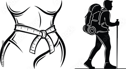 Hiker measuring waist size with a tape measure and hiking gear illustration isolated on white background, Vector