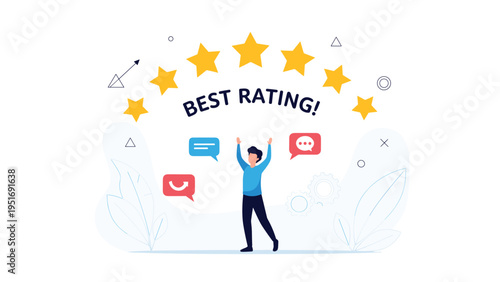 Happy man celebrating under a curve of five gold stars with the text Best Rating representing customer service excellence.