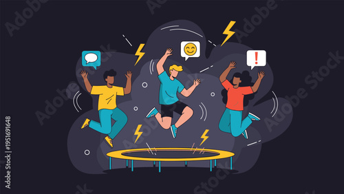 Group of diverse friends jumping happily on a trampoline with energetic icons and speech bubbles in a dark background.