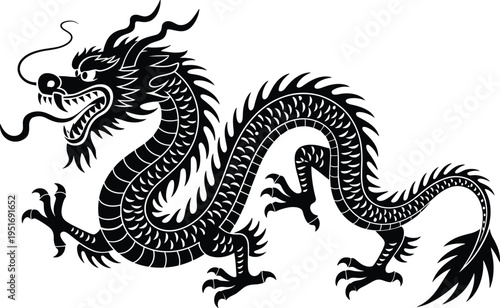 Chinese dragon silhouette with detailed scales and claws, mythological creature symbol, cad drawing flat vector illustration