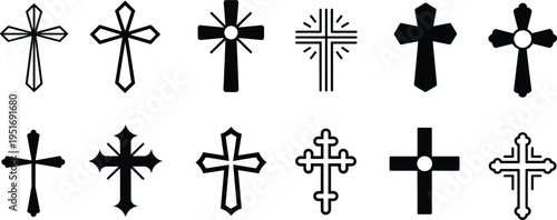 Christian cross icon collection set, religious symbol variations isolated, church faith emblem design vector illustration