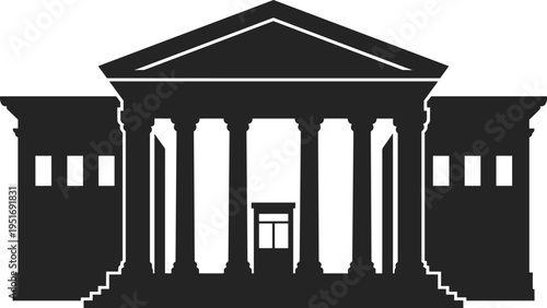 Classic government courthouse building silhouette with columns, historic architecture landmark icon for legal and civic design, cad drawing flat vector illustration