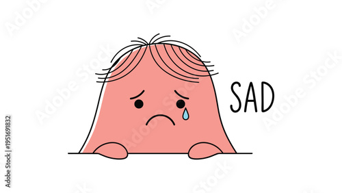 Simple cartoon illustration of a sad pink character with a single blue tear and the word sad written next to it.