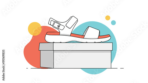 Minimalist line drawing of a white summer sandal placed on top of a gray shoebox with colorful abstract shapes in the back.