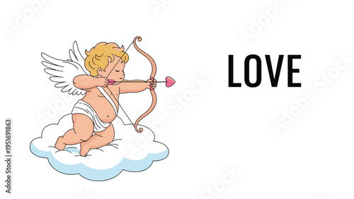 Cupid sitting on a fluffy cloud while aiming a heart tipped arrow with the word love written in bold black text next to him.