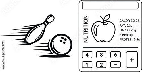 Bowling pins and apple nutrition facts combined with a calculator theme isolated on white background, Vector