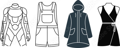 Clothing and fashion apparel icons set including armor overalls coat and dress, garment design silhouettes collection isolated, vector illustration