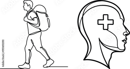 Hiker with backpack and person symbolizing mental health awareness isolated on white background, Vector