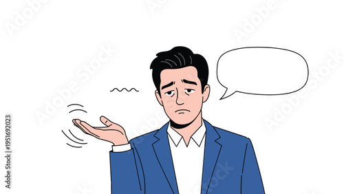 Businessman in a blue suit looking sad and confused with a hand gesture and an empty speech bubble above him.