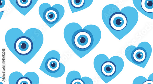 Seamless pattern featuring blue heart shaped evil eye symbols with circular pupils over a clean white background for textile or wallpaper.