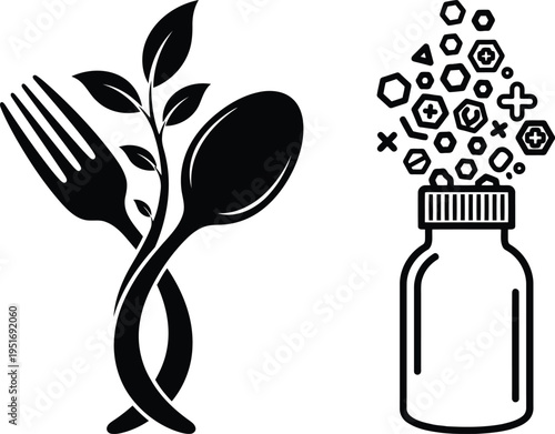 Nutrition through natural and supplemental sources depicted by utensils, plant, and pill bottle isolated on white background, Vector