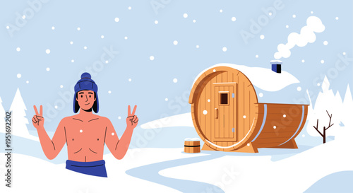 Vector illustration of a man wearing a blue towel making peace signs in a snowy landscape next to a traditional wooden barrel sauna.