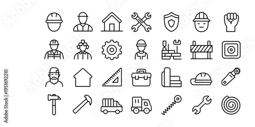 A comprehensive collection of line art icons representing various construction and labor concepts Vector