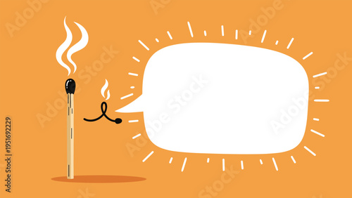 Single matchstick standing next to curled lit wick and large blank speech bubble on orange background.